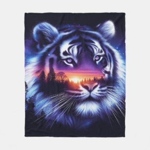 Tiger Face and Scenic Sunset Landscape Fleece Blanket