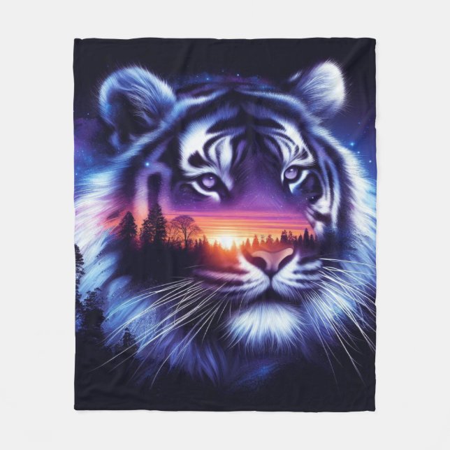 Tiger Face and Scenic Sunset Landscape Fleece Blanket (Front)