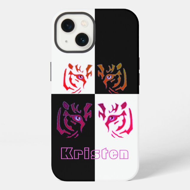 Tiger Face Black & White Check iPhone Case (Back)