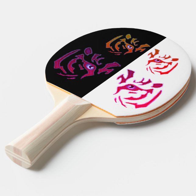 Tiger Face Black & White Dual-Sided Ping Pong Paddle (Front Angle)