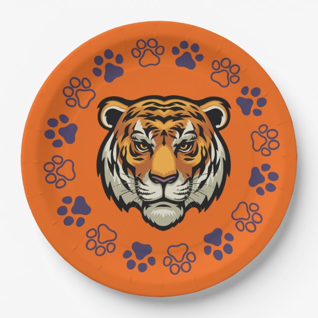 Tiger Face Paper Party Plates Orange & Blue (Front)