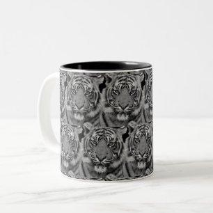 Tiger Face Pattern in Grey Shades Two-Tone Coffee Mug