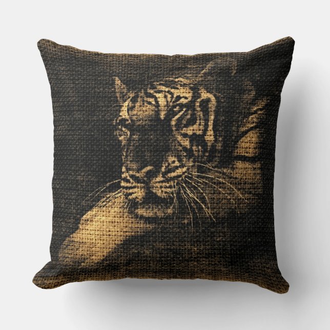 Tiger Fine Art on Burlap Rustic Jute #2 Cushion (Front)