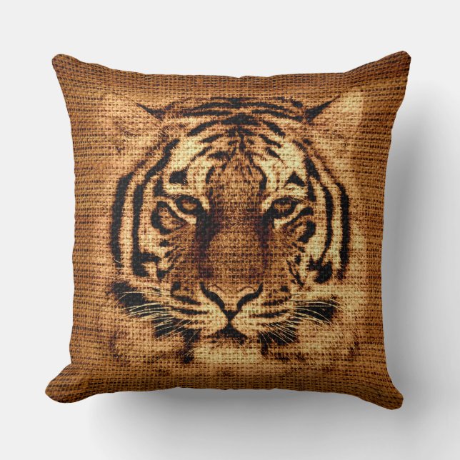 Tiger Fine Art on Burlap Rustic Jute Cushion (Front)