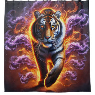 Tiger Fire Aura Striking Neon Smoke Portrait Shower Curtain