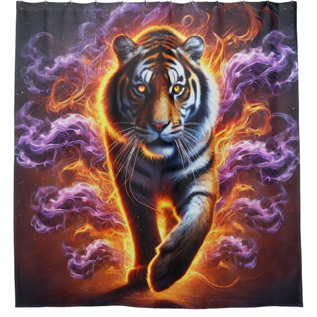 Tiger Fire Aura Striking Neon Smoke Portrait Shower Curtain (Front)
