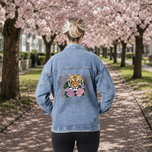 Tiger Floral Henna Botanical Flowers Green Denim Jacket