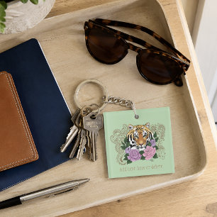 Tiger Floral Henna Botanical Flowers Green Logo Key Ring
