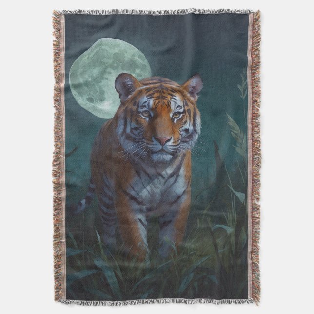 Tiger & Full Moon Throw Blanket (Front Vertical)