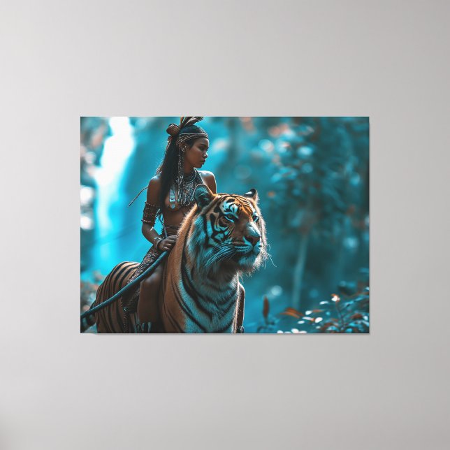 Tiger Goddess - A woman in nature riding a tiger Canvas Print (Front)