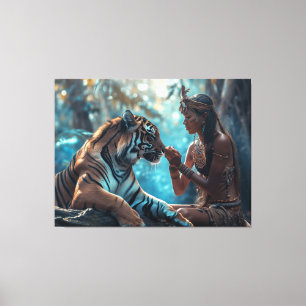 Tiger Goddess - A woman in nature with tiger Canvas Print