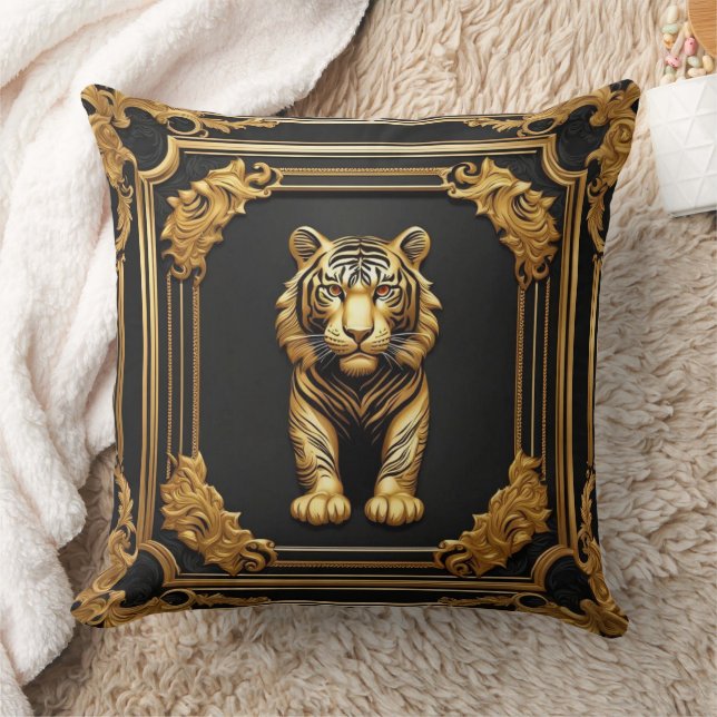 Tiger gold and black ornamental frame cushion (Blanket)