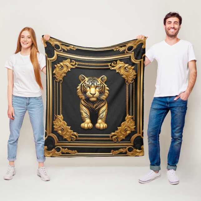 Tiger gold and black ornamental frame fleece blanket (In Situ)