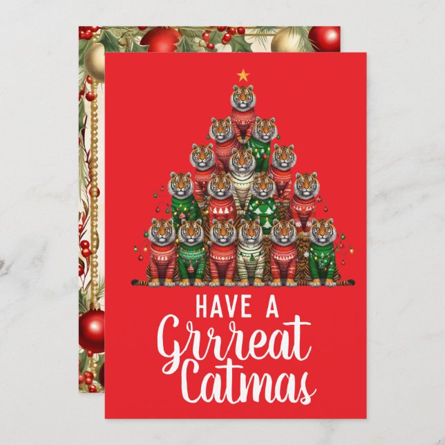 Tiger Great Catmas Christmas Tree Holiday Card (Front/Back)