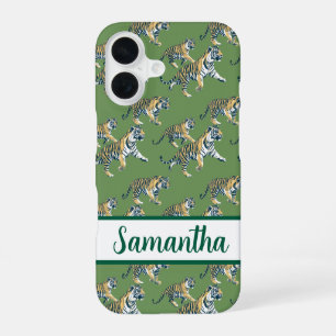 Tiger Green Pattern Personalised name iPhone 16 Case