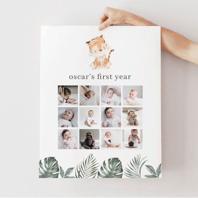 Tiger Greenery 1st Birthday Photo Collage Poster (Creator Uploaded)