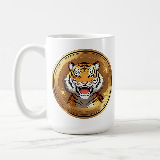 Tiger Head Emblem on a Golden Circular Background Coffee Mug (Left)