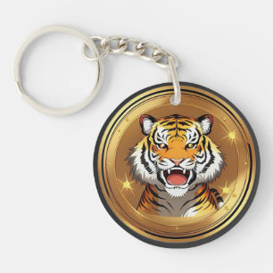 Tiger Head Emblem on a Golden Circular Background Key Ring