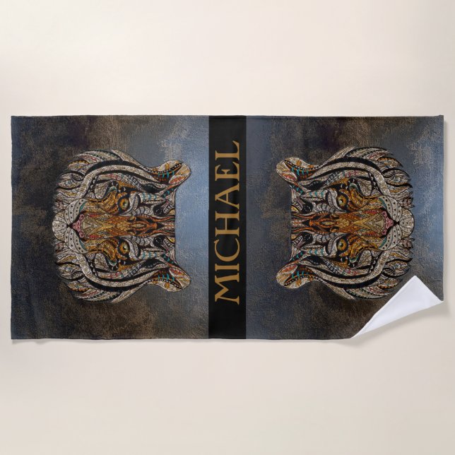 Tiger Head, Face, Leather Look   Beach Towel (Front)