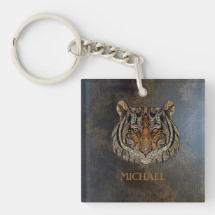 Tiger Head, Face, Leather Look   Key Ring