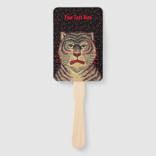 Tiger Head Fierce Face Red Accents Dots on Black Hand Fan