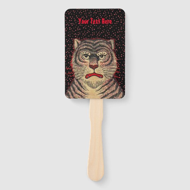Tiger Head Fierce Face Red Accents Dots on Black Hand Fan (Front)