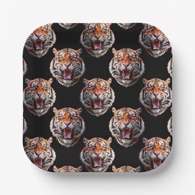 Tiger Head Pattern Design - Black   Paper Plate (Front)