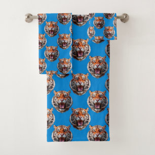 Tiger Head Pattern Design Blue  Bath Towel Set