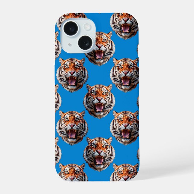 Tiger Head Pattern Design Blue  iPhone 15 Case (Back)
