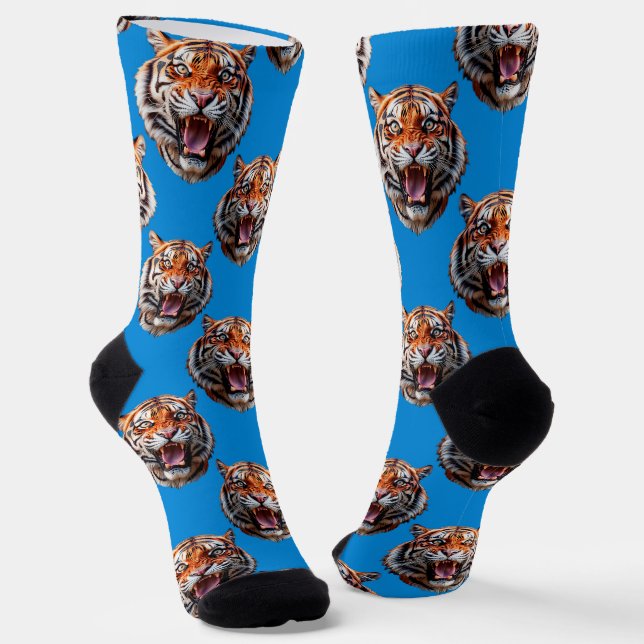 Tiger Head Pattern Design Blue  Socks (Angled)
