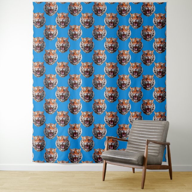 Tiger Head Pattern Design Blue  Tapestry (In Situ)