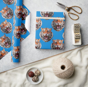 Tiger Head Pattern Design Blue  Wrapping Paper