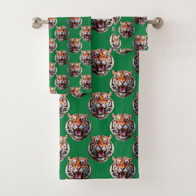 Tiger Head Pattern Design Green  Bath Towel Set (Creator Uploaded)