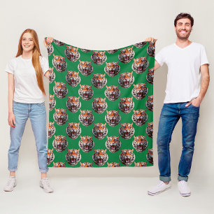 Tiger Head Pattern Design Green Fleece Blanket