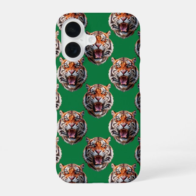 Tiger Head Pattern Design Green  iPhone 16 Case (Back)