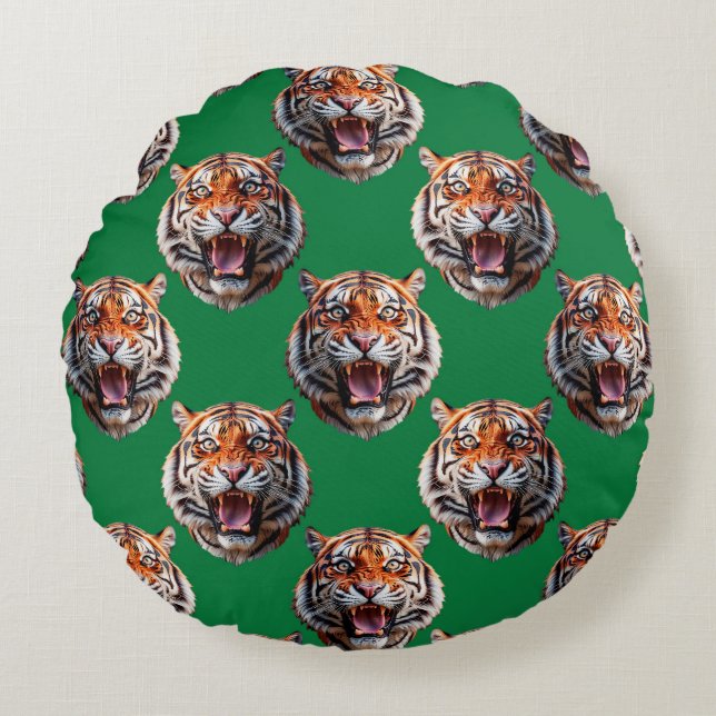 Tiger Head Pattern Design Green  Round Cushion (Front)