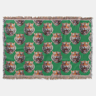 Tiger Head Pattern Design Green Throw Blanket