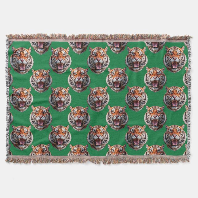 Tiger Head Pattern Design Green  Throw Blanket (Front)