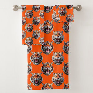 Tiger Head Pattern Design Orange Bath Towel Set