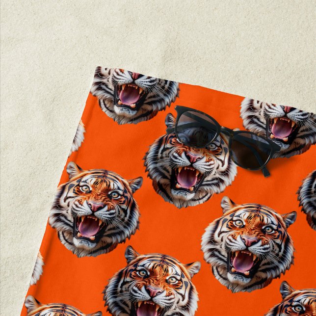 Tiger Head Pattern Design Orange  Beach Towel (Creator Uploaded)