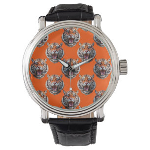 Tiger Head Pattern Design Orange Watch