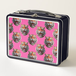 Tiger Head Pattern Design Pink Metal Lunch Box