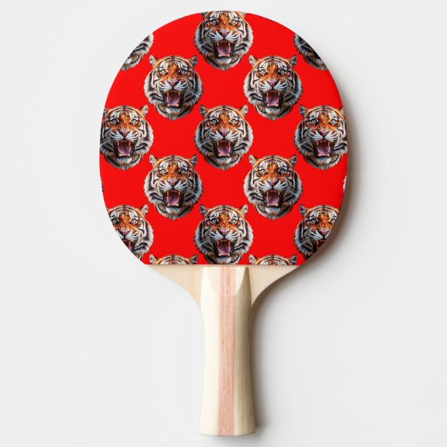 Tiger Head Pattern Design Red Ping Pong Paddle (Front)