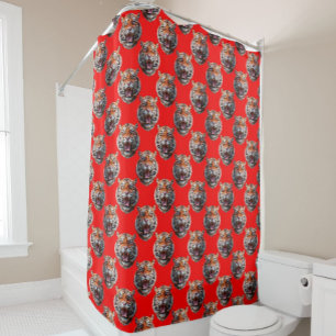 Tiger Head Pattern Design Red Shower Curtain