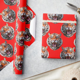 Tiger Head Pattern Design Red Wrapping Paper