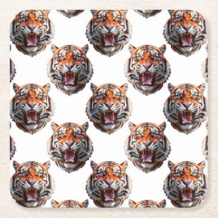 Tiger Head Pattern Design - White Square Paper Coaster