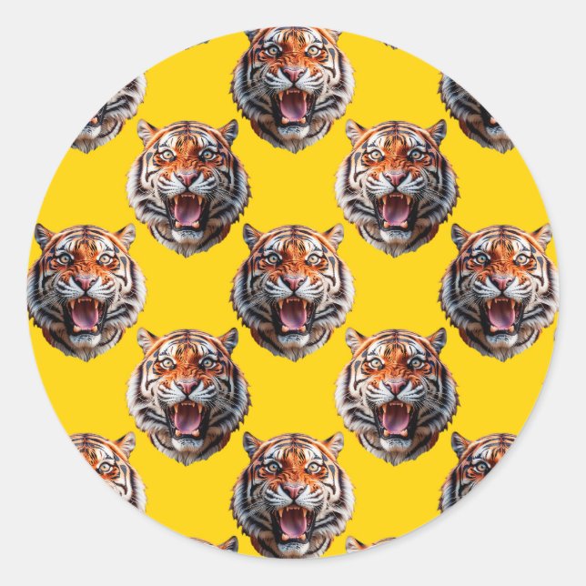 Tiger Head Pattern Design Yellow  Classic Round Sticker (Front)
