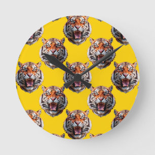 Tiger Head Pattern Design Yellow  Round Clock