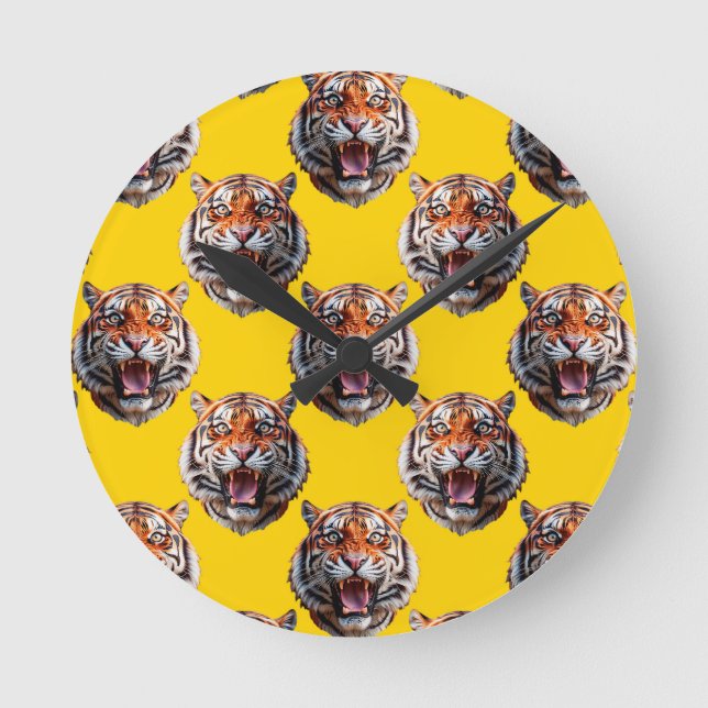 Tiger Head Pattern Design Yellow  Round Clock (Front)