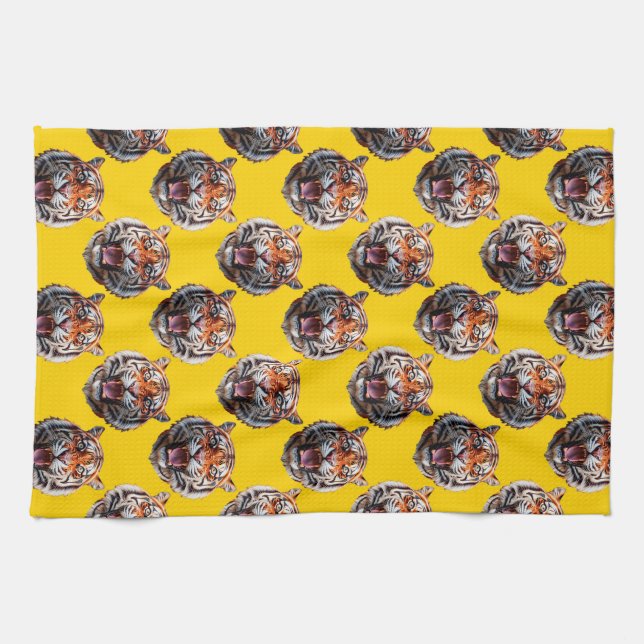 Tiger Head Pattern Design Yellow  Tea Towel (Horizontal)